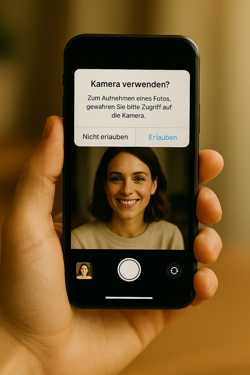 Hand hält ein Smartphone mit geöffneter Kamera-App – Aufforderung zur Kameranutzung für den Verifizierungsprozess auf wanted.love