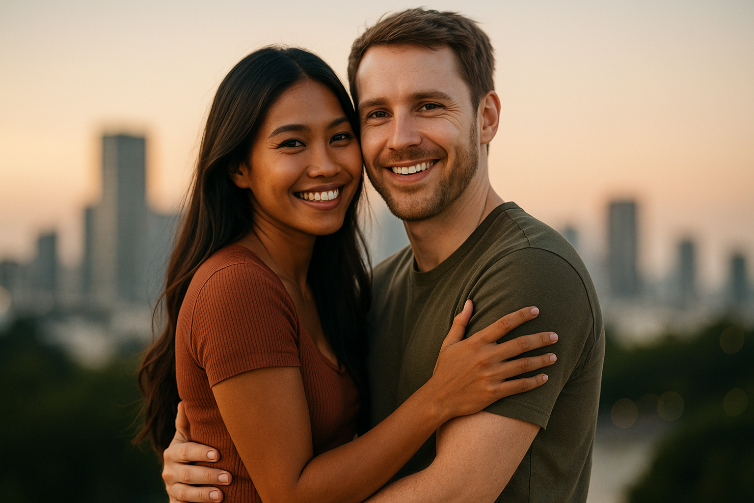 Filipina–American couple at golden hour, warm connection