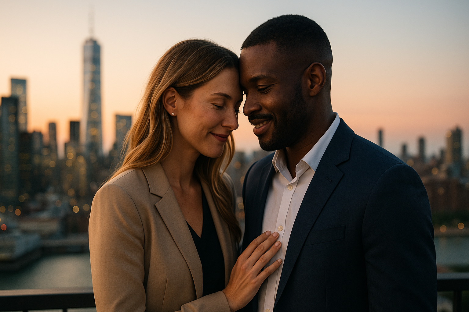 Mixed-race couple on a rooftop at sunset – real verified love on wanted.love”
