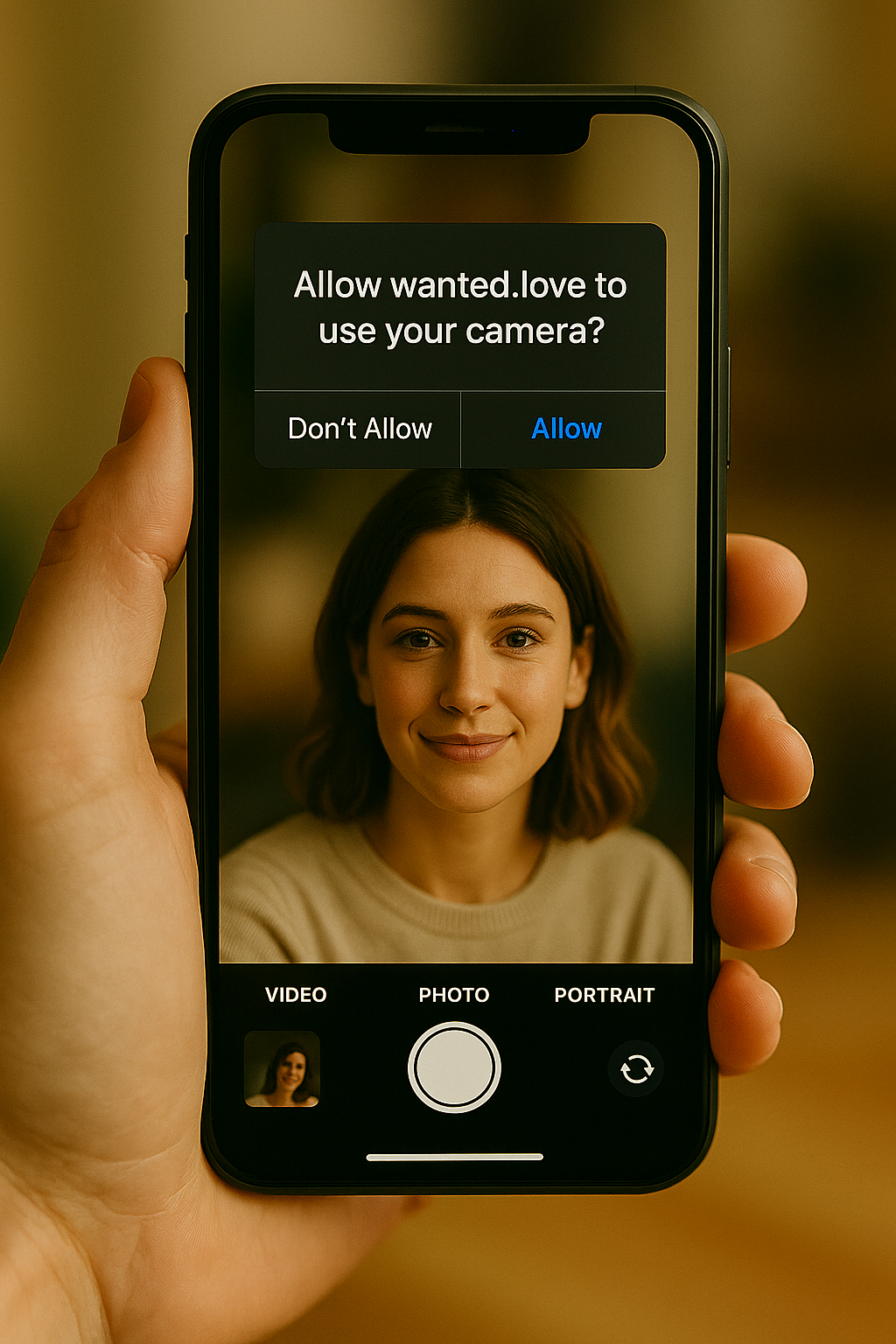 Woman on smartphone screen with wanted.love camera access request for profile verification