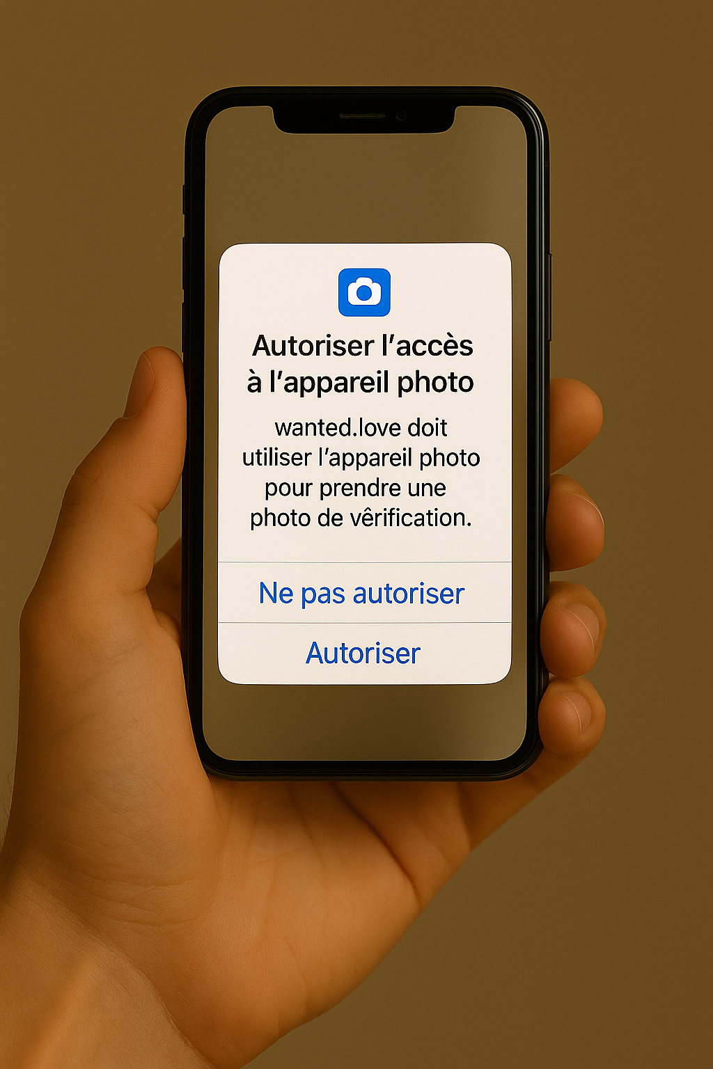 Autorisation d’accès à la caméra sur smartphone pour la vérification du profil sur wanted.love