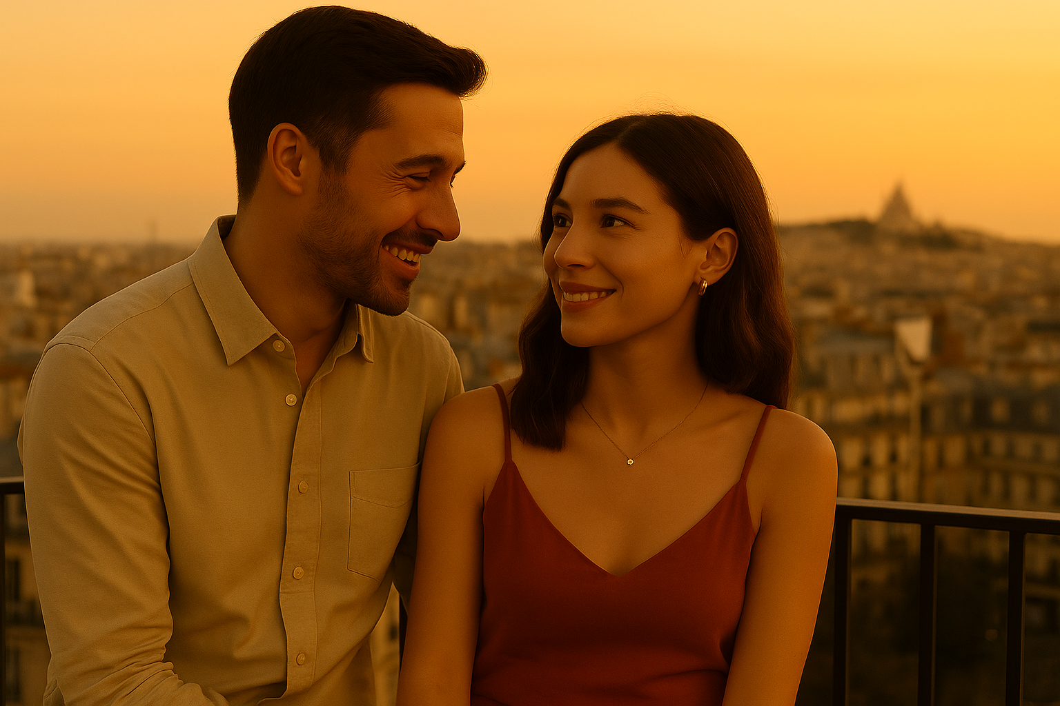 Couple élégant sur une terrasse au coucher du soleil, toits parisiens en arrière-plan