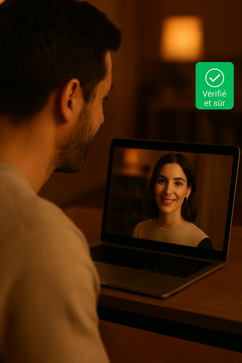 Homme regardant un écran d'ordinateur portable affichant une femme souriante lors d'un appel vidéo sécurisé sur wanted.love