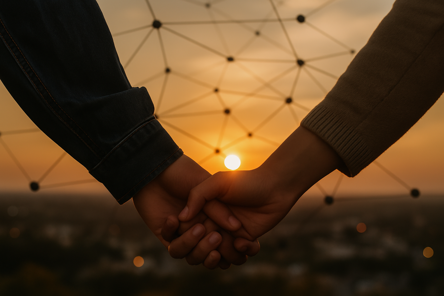 Holding hands with a network pattern in the background — connection and proximity