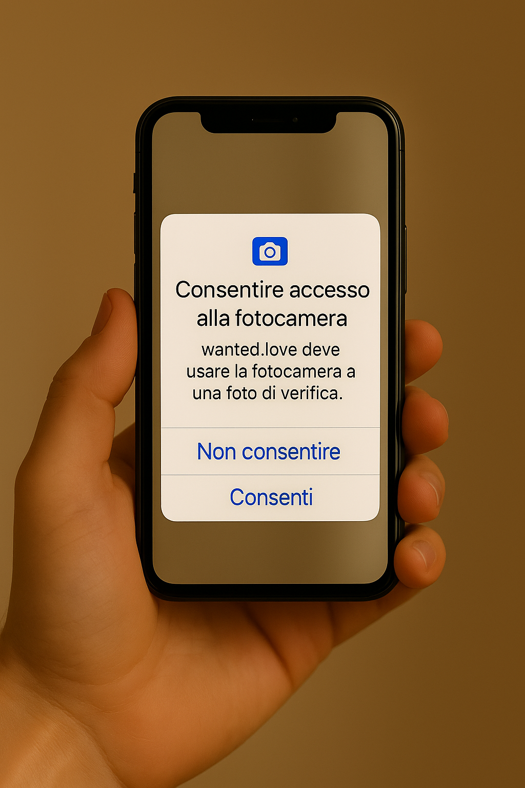 Smartphone con richiesta di permesso per usare la fotocamera nel processo di verifica di wanted.love
