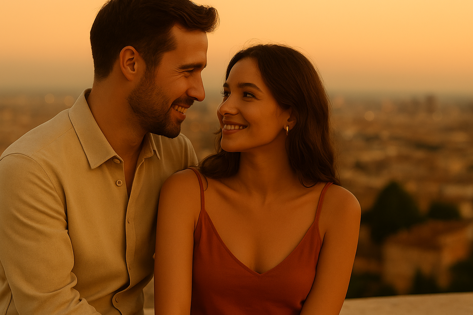 Coppia mediterranea su una terrazza al tramonto con vista sulla città
