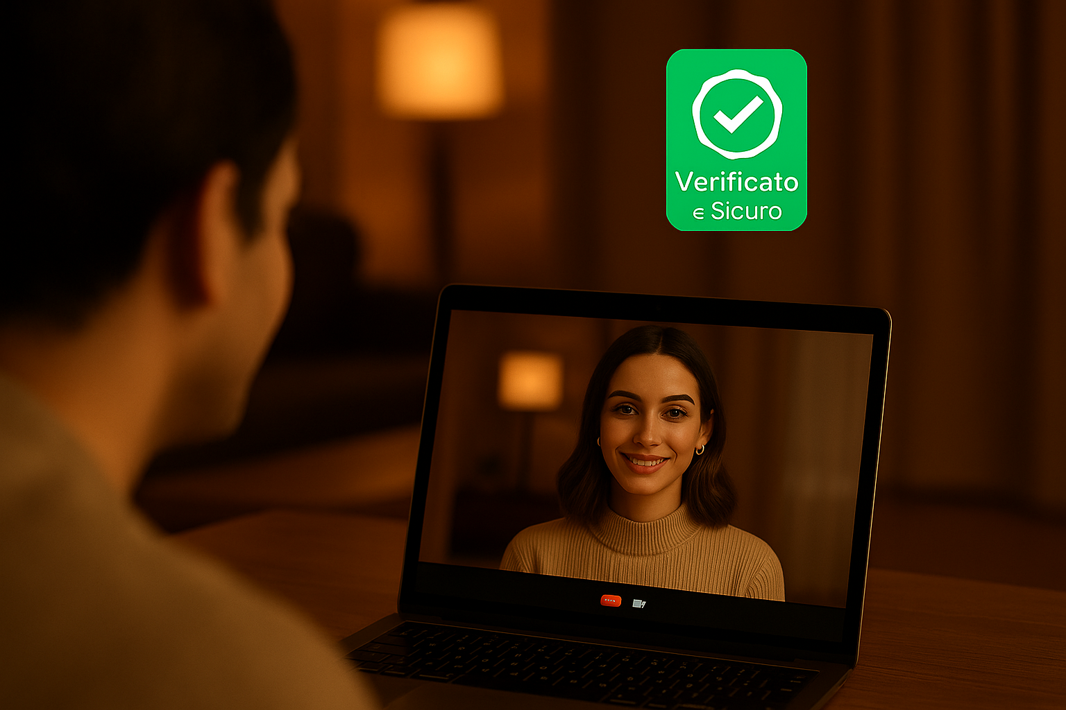 Donna in videochiamata con badge di verifica nell’interfaccia, ambiente accogliente