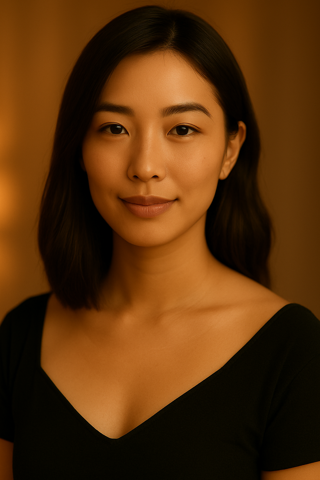 一位年轻美丽的东亚女性特写肖像，微笑自信，背景温暖柔和