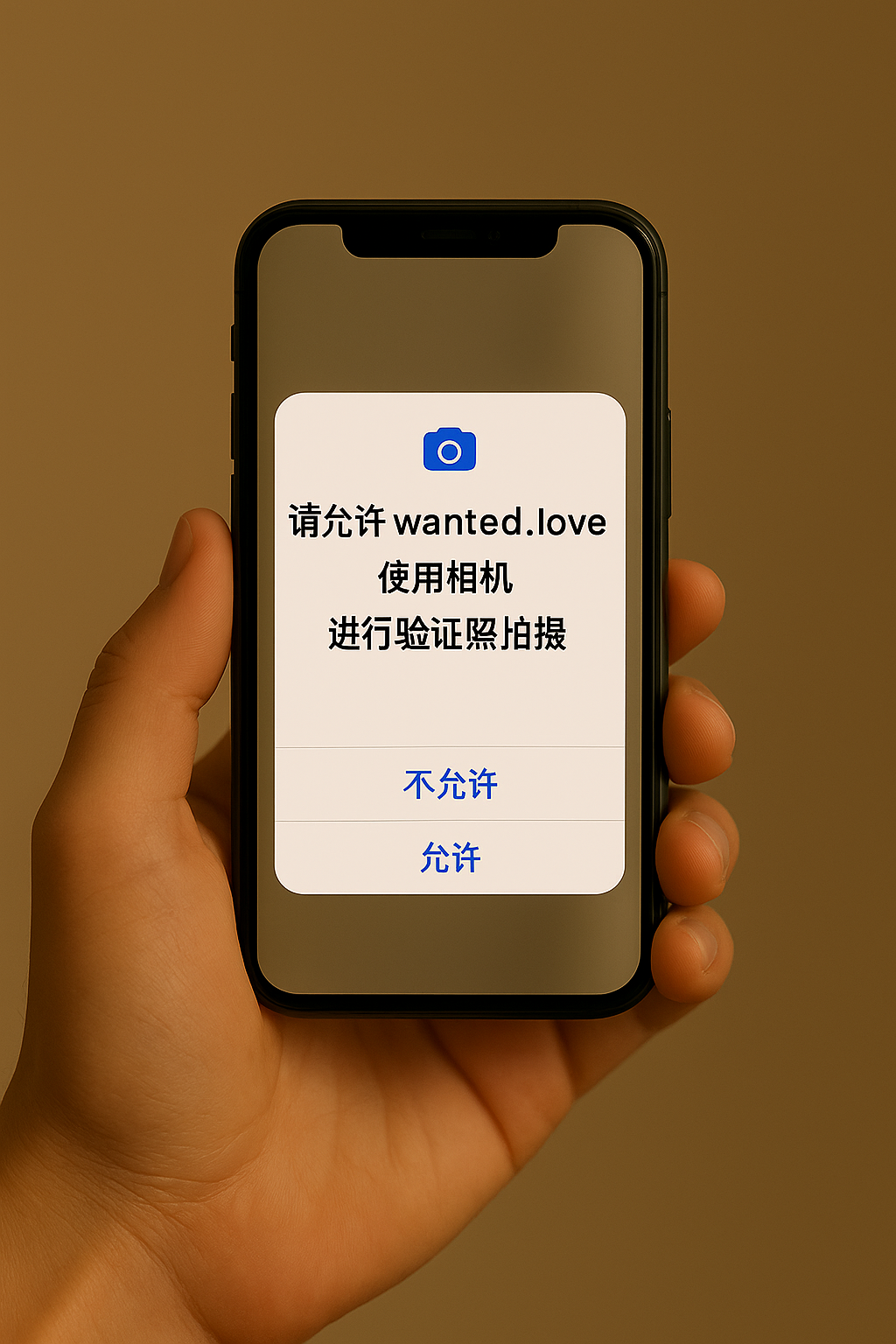 允许 wanted.love 使用相机进行验证照片拍摄的手机权限提示